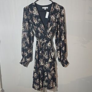 Black Floral Long Sleeve Wrap Dress
